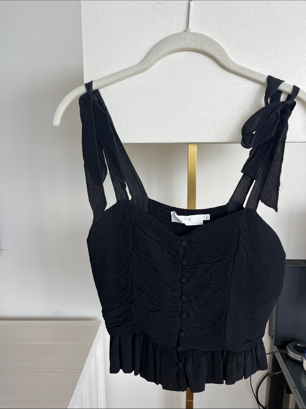 Astr Black Tie-Shoulder Ruched Crop Mini Dress